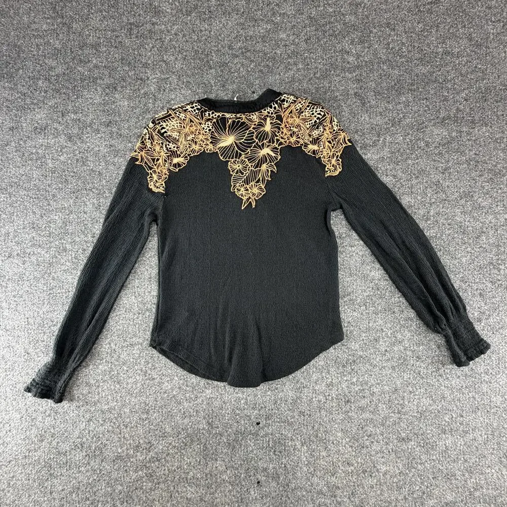 Free People Shirt Womens Medium Black Henley Embroidered Floral Long Sleeve Top